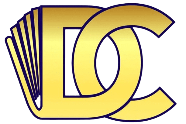 A gold colored logo of the letter d.